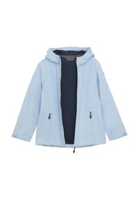 Giacca azzurra chiara con cappuccio, zip frontale, due tasche laterali e interno blu navy. Realizzata in materiale leggero e liscio.