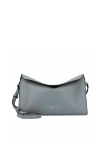 Borsa a tracolla in pelle grigia con chiusura a triangolo, tracolla regolabile e logo del marchio in rilievo sul fronte. Texture liscia.