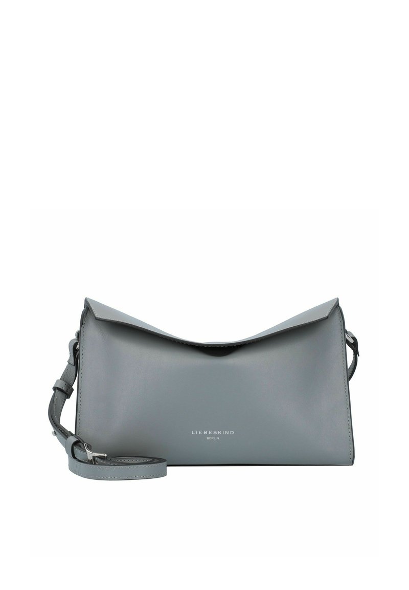 Borsa a tracolla in pelle grigia con chiusura a triangolo, tracolla regolabile e logo del marchio in rilievo sul fronte. Texture liscia.