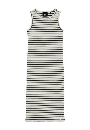 Vestido blanco sin mangas hasta la rodilla con delgadas rayas horizontales negras y cuello redondo, extendido sobre un fondo blanco.