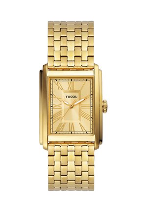 Montre-bracelet rectangulaire Fossil ton or avec bracelet en métal maillé, chiffres romains et trois aiguilles affichant 2:14:40.