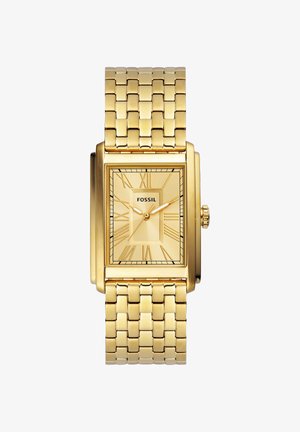 Montre-bracelet rectangulaire Fossil ton or avec bracelet en métal maillé, chiffres romains et trois aiguilles affichant 2:14:40.