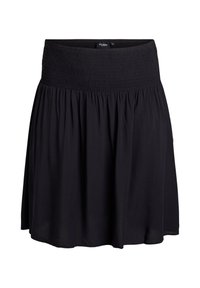 Jupe noire à taille élastique avec tissu froncé, texture lisse et design fluide. Longueur au-dessus du genou, apparence minimaliste.