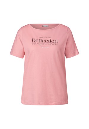 Rosa Baumwoll-T-Shirt mit kurzen Ärmeln und Rundhalsausschnitt. Mit einem grafischen Druck, der den Text "Nehmen Sie sich Zeit für Reflexion" in Schwarz zeigt.