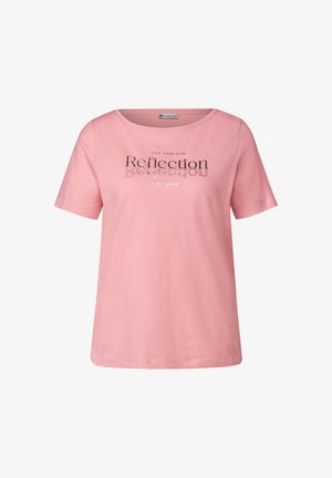 Lyserød bomulds T-shirt med korte ærmer og rund halsudskæring. Har et grafisk tryk med teksten "Tag Tid til Refleksion" i sort.