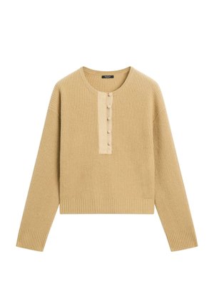 Maglione a maglia color beige chiaro con maniche lunghe e texture a coste. Presenta una patta con bottoni in tessuto a contrasto sulla parte anteriore.