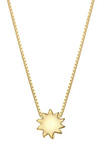 Guldhalskæde med kædeledsdesign og en solformet vedhæng med spidse stråler og en glat overflade.