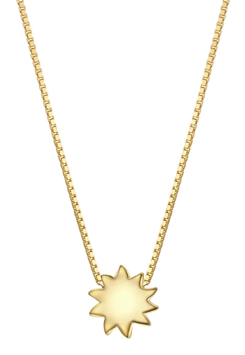 Guldhalskæde med kædeledsdesign og en solformet vedhæng med spidse stråler og en glat overflade.