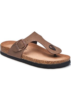Brown leather flip-flop sandal with a cork footbed and textured rubber sole; adjustable strap with a metal buckle and accent detail.