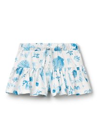 Pantaloni bianchi con bordo arricciato, caratterizzati da motivi marini blu che includono conchiglie, alghe e creature marine. Vita elasticizzata.