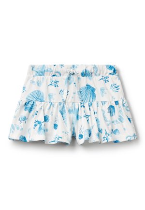 Witte shorts met een gerimpelde zoom, versierd met blauw maritieme patronen zoals schelpen, zeewier en zeedieren. Met een elastische tailleband.