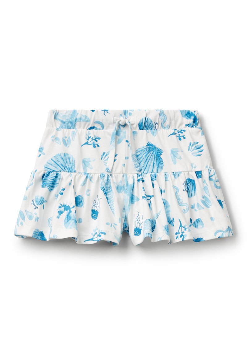 Pantaloni bianchi con bordo arricciato, caratterizzati da motivi marini blu che includono conchiglie, alghe e creature marine. Vita elasticizzata.