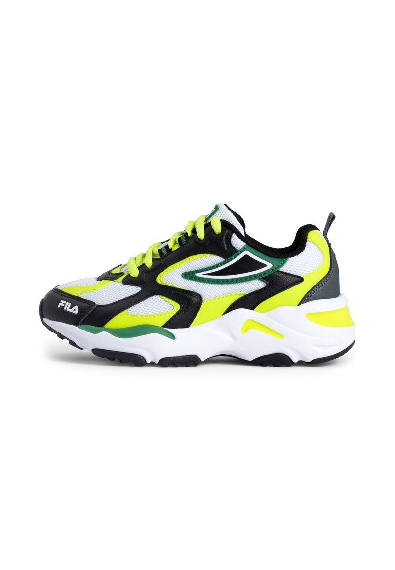 Scarpe sportive nere, bianche e giallo neon con tomaia in rete, suola bianca spessa, design chunky e dettagli in verde. Logo Fila sul lato.