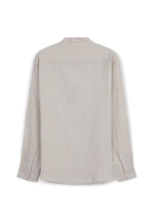 Langärmeliges, hellbeiges Hemd aus strukturiertem Stoff, mit Kragen und knöpfbaren Manschetten, in einfachem, sauberem Design.
