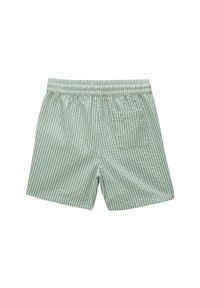 Shorts rayés verts et blancs avec une taille élastique et une poche à l'arrière, fabriqués en tissu léger avec une texture lisse.