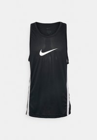 Camiseta deportiva de malla negra con cuello redondo, detalles laterales blancos y un logo de Nike blanco en el pecho. Diseño ligero y transpirable.