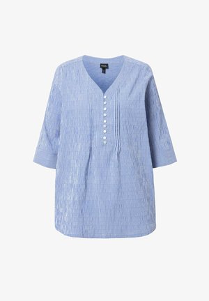 Niebiesko-biała tunika w paski z dekoltem w serek, trzema ćwierć rękawami i listwą guzikową z sześcioma guzikami. Lekki materiał, luźny krój.
