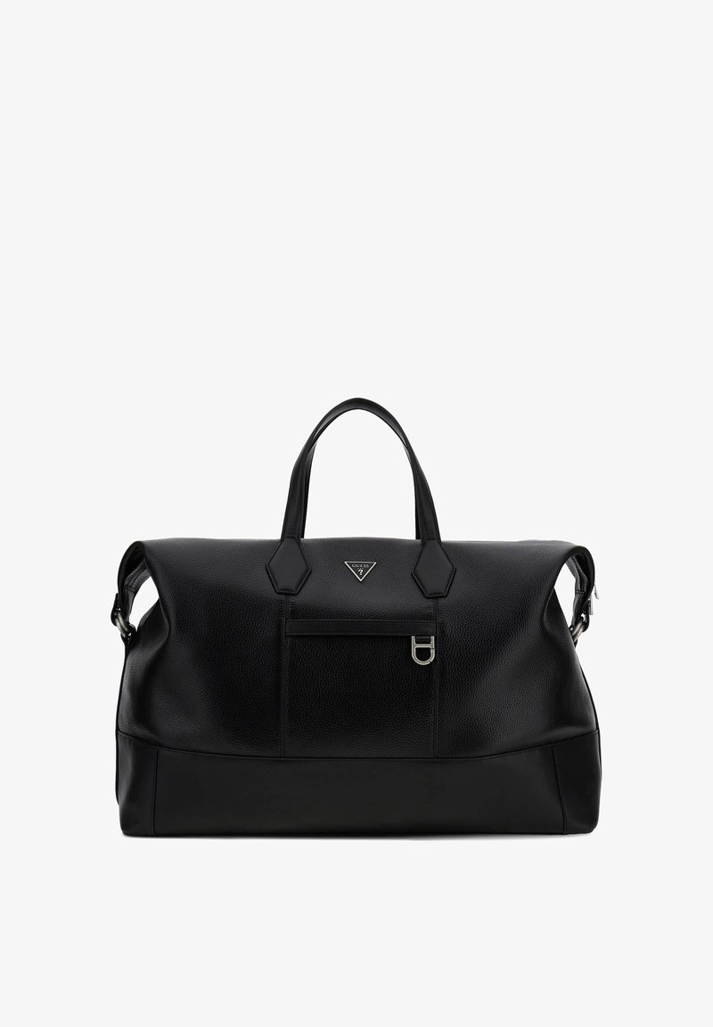 Sac de voyage en cuir noir avec deux poignées, une poche avant zippée et une petite plaque métallique avec logo au centre avant.
