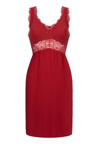 Czerwona koszula nocna z koronkowym wykończeniem na górze, z dekoltem w kształcie litery V i dopasowanym talią, przechodząca w spódnicę o długości do kolan.