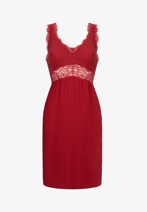 Rode nachthemd met kantafwerking op het lijfje, featuring een v-hals en een getailleerde taille, wat uitloopt in een rok tot de knie.