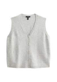 Lichtgrijze, mouwloze cardigan met een v-hals, zes knopen sluiting en geribbelde rand. Zachte textuur, minimalistisch ontwerp.