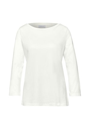 Hvid langærmet damebluse med rund halsudskæring, lavet af glat, let stof.