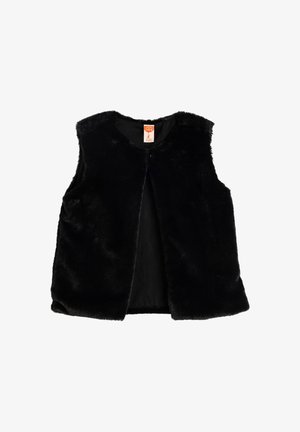 Zwarte nepbont gilet zonder mouwen, ronde halslijn en open voorkant. Zachte textuur, met twee zijzakken en duurzame stiksels.