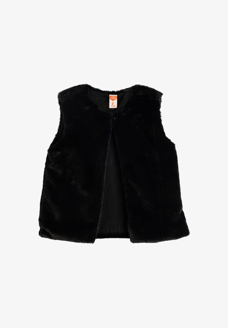 Czarna kamizelka z sztucznego futra bez rękawów, z okrągłym dekoltem i otwartym przodem. Miękka faktura, z dwiema bocznymi kieszeniami i mocnym szwem.