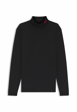 Schwarzes, langärmeliges Rollkragenhemd aus glattem Stoff. Verfügt über einen hohen Kragen und ein kleines rotes Etikett am Halsausschnitt. Kein Muster vorhanden.