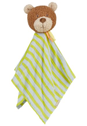 Brauner Teddybärkopf, befestigt an einer weichen, weiß-limettengrün gestreiften Sicherheitsdecke mit kleinem Stoffetikett.