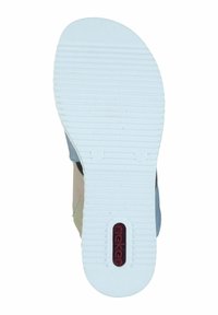 Shoe sole with textured white rubber, featuring grooves and a red "rieker" logo. Side view shows beige, blue, and green upper materials.