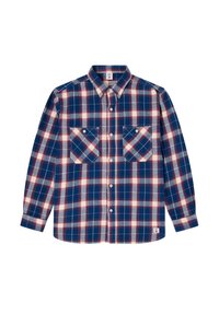 Camicia di flanella a maniche lunghe a bottoni in plaid blu navy, rosso e bianco. Presenta un colletto classico, due tasche sul petto e un orlo dritto. Tessuto morbido.