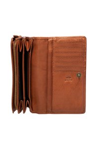 Brown leather wallet with multiple compartments, card slots, and a zipper. Features RFID protection and a snap closure. Smooth texture.