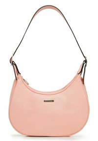 Borsa sintetica rosa con forma arrotondata, dotata di tracolla nera removibile, accessori in oro e superficie testurizzata per aggiungere dettaglio.