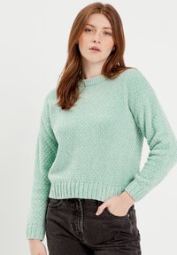 Licht mintgroen gebreid sweater met een gemêleerd patroon, ronde halslijn en geribbelde manchetten. Combinatie met donkere jeans.