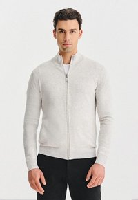 Jasnoszary rozpinany sweter, miękka tkanina, stojący ko łnierz, dopasowany krój, długie rękawy, ściągacze przy mankietach i na dole, noszony na białej koszuli.