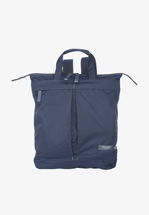 Borsa a tracolla in nylon blu navy con due manici superiori, chiusura con zip e tasca frontale. Presenta cuciture a contrasto e un'etichetta con il marchio.