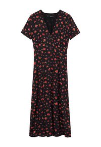 Schwarzes Kleid mit kurzen Ärmeln, V-Ausschnitt und Blumenmuster mit kleinen roten Blumen. Hergestellt aus leichtem Material mit einem fließenden Design.