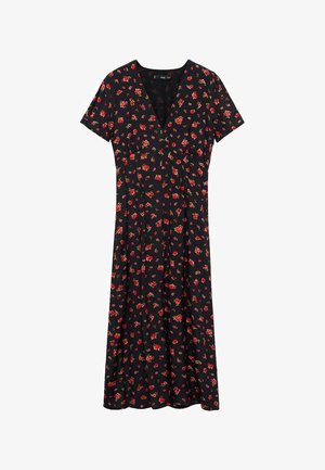 Vestito nero con maniche corte, scollo a V e motivo floreale caratterizzato da piccoli fiori rossi. Realizzato in tessuto leggero con un design fluente.