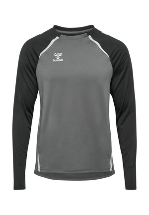 Maglietta sportiva a maniche lunghe grigia con dettagli neri. Caratterizzata da maniche raglan, tessuto testurizzato e un piccolo logo bianco sul petto.