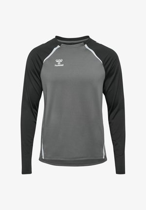 Langärmliges Sportshirt in Grau mit schwarzen Akzenten. Verfügt über Raglanärmel, strukturierten Stoff und ein kleines weißes Logo auf der Brust.