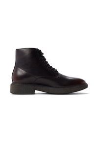Botas de tobillo de cuero marrón oscuro con diseño de cordones, punta redonda y suela de goma texturizada. Acabado suave con detalles de costura mínimos.