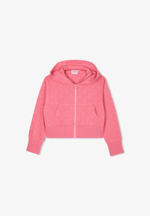 Roza skraćena dukserica s patentnim zatvaračem sprijeda, kapuljačom s uzicom, teksturiranim cvjetnim uzorkom i rebrastim manžetama i rubom. Dva prednja džepa.