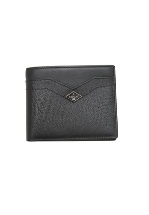 Portefeuille en cuir noir bi-pli avec motif texturé et logo Replay en métal centré sur le panneau avant.