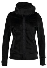 Veste polaire zippée noire avec col haut et large, dotée de deux poches avant zippées, conçue pour la chaleur et un style décontracté.