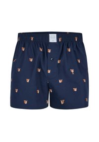 Boxer in cotone di colore navy, decorati con un motivo di piccoli scoiattoli marroni. Vita elasticizzata con chiusura a bottone sul davanti.