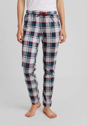 Gray plaid pajama pants with red, blue, and black check patterns, featuring an elastic waistband and drawstring for adjustable fit.