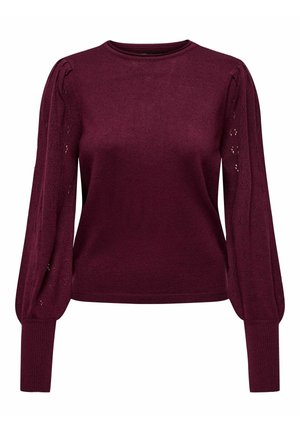 Pull bordeaux à manches longues avec manches bouffantes, détail en dentelle sur les manches, poignets côtelés et col rond.