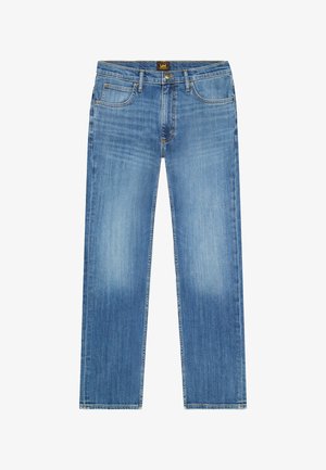 Kék, egyenes szárú farmernadrág öt zsebbel, gombos záródással és Lee márkajelzéssel a derékszíjon.