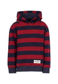 Röd och marinblå randig hoodie med en kenguruficka, mjukt tyg, ribbade muddkanter och en logomärkning framtill. Huva.